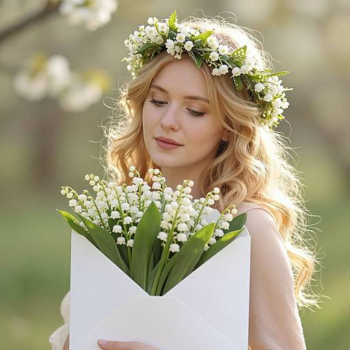 Photograph of a blonde woman with a flower crown, holding a bouquet of white lily-of-the-valley flowers in a white envelope, standing in