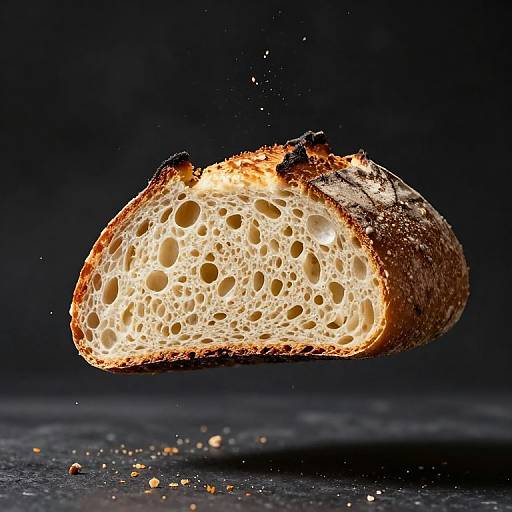 Photograph of a toast slice with golden-brown crust and airy, honeycomb interior, mid-air against a dark background, with crumbs scattered below.