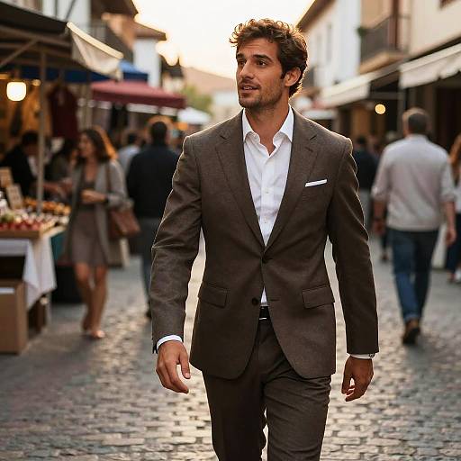 Photograph of a handsome, dark-haired man in a brown suit walking through a bustling, cobblestone street market at sunset.