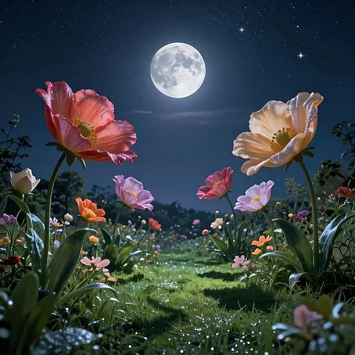 Photograph of vibrant, glowing flowers under a full moonlit night sky, with a starry backdrop and lush green grass.