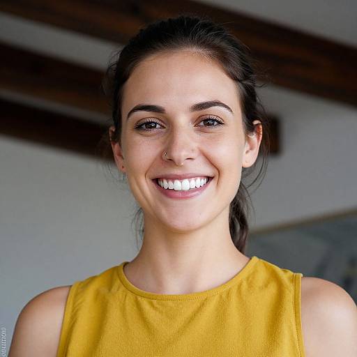 Photograph of a smiling young woman with dark hair, brown eyes, and a nose piercing, wearing a yellow sleeveless top, indoors with wooden beams