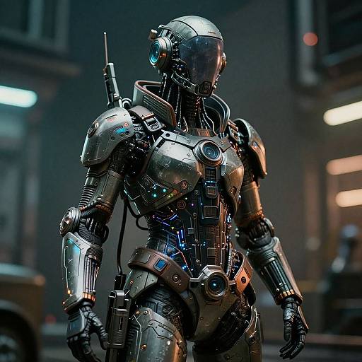 Photorealistic CGI of a sleek, futuristic, metallic android with glowing blue accents, standing in a dimly lit urban street at night.