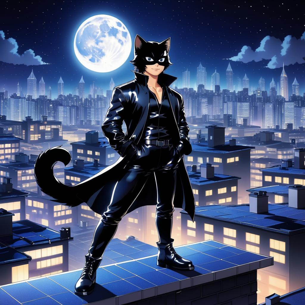 Heroic Cat Burglar in Moonlit City