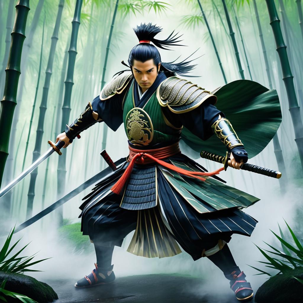 Dynamic Samurai in Misty Bamboo Forest