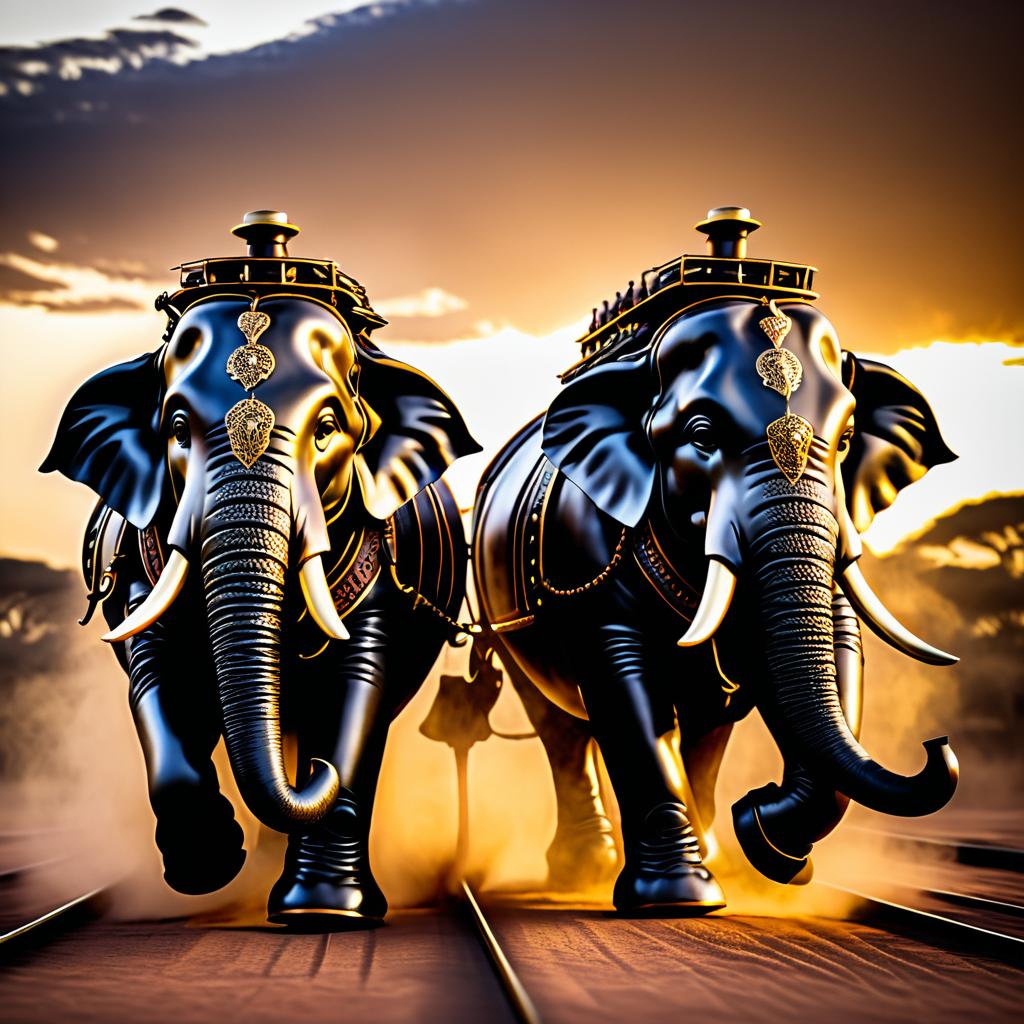 Steam-Powered Elephants in Dramatic Sunset