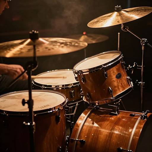 Photograph of a close-up, glossy wooden drum set with shimmering cymbals, dimly lit, highlighting the warm wood texture and metallic she
