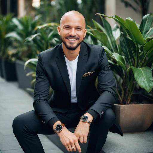 Smiling bald man in black suit sitting outdoors