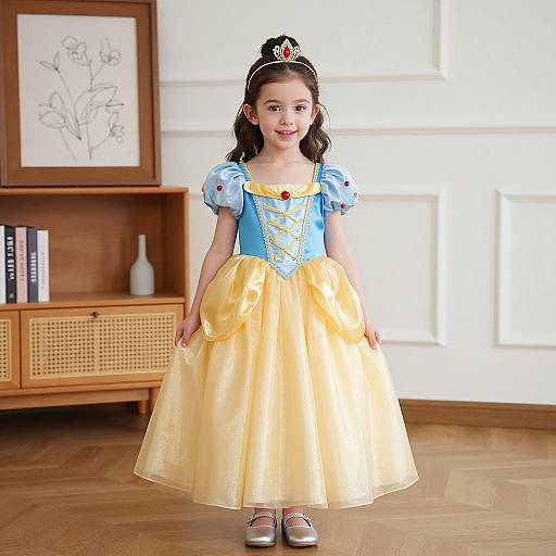 Photograph of a young girl with light skin and dark hair, wearing a blue and yellow Princess Aurora costume, standing in a bright, wooden-flo