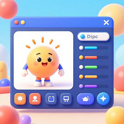 Digital illustration of a blue Dipc app displaying a cheerful, orange sun emoji with a smile and raised arms, surrounded by colorful bubbles.