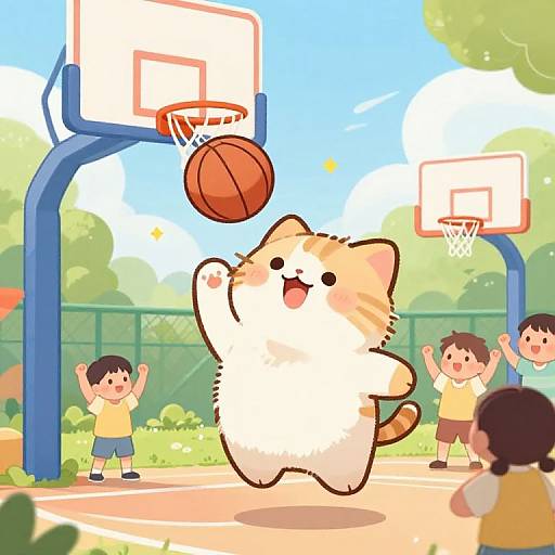 Fluffy Cat Dunking Basketball Cartoon