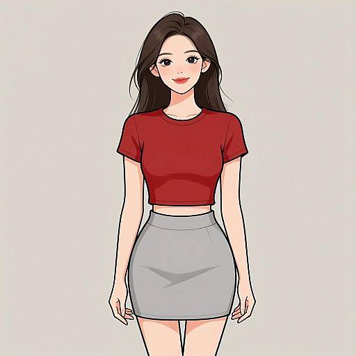 Digital anime-style drawing of a cute young woman with long black hair, wearing a red crop top and gray skirt, standing against a plain white background.