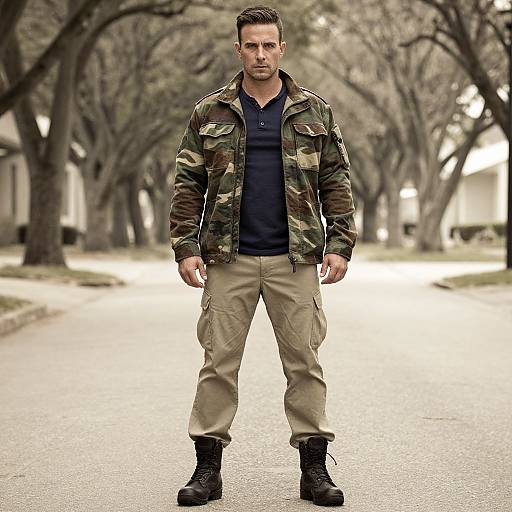 Photograph of a serious, muscular man with short dark hair, wearing a camo jacket, navy shirt, beige cargo pants, and black boots,