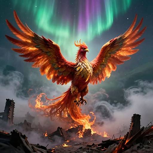 Digital artwork of a fiery, majestic phoenix with outspread wings, soaring above burning ruins under vibrant green and purple auroras.