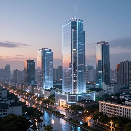 Photograph of a modern cityscape at dusk, featuring illuminated skyscrapers with blue LED lights, reflecting on wet streets, and a gradient sky from