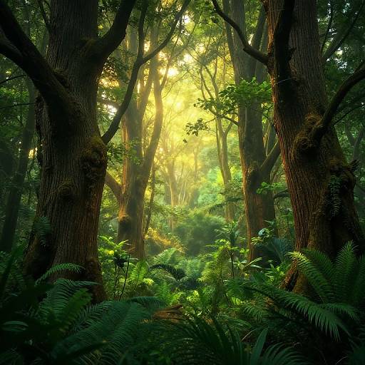 Photograph of a dense, sunlit forest with tall, moss-covered trees and vibrant green ferns, sunlight filtering through the leaves, creating a serene