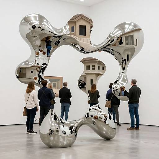 Photograph of a modern art gallery featuring a shiny, silver, abstract sculpture with mirrored, wave-like structures, surrounded by six people viewing it against a