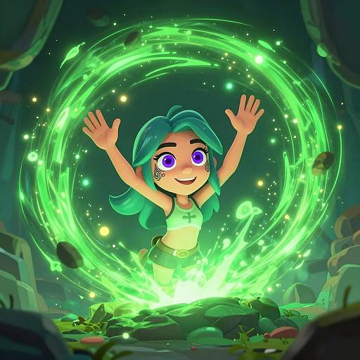 Digital cartoon of a green-haired girl with purple eyes, wearing a tank top, joyfully raising arms amidst glowing green magic circles in a dark, rocky