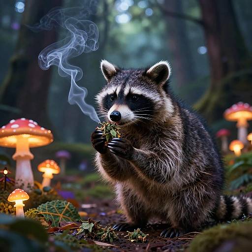 Photorealistic digital art of a raccoon smoking a mushroom, surrounded by glowing orange mushrooms in a dark, misty forest.
