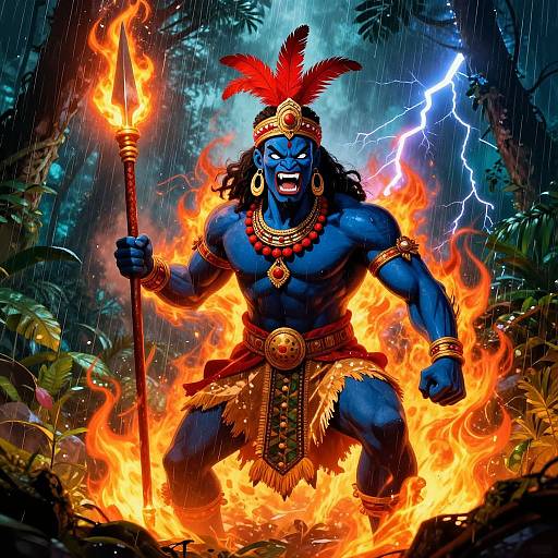 Digital art of a blue-skinned, muscular god with red feathers, holding a torch, surrounded by flames and lightning in a rainforest.