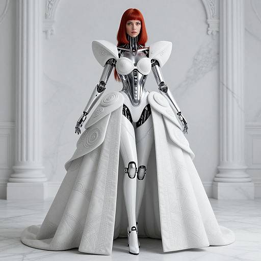 Digital artwork of a red-haired female robot in an elaborate white, ornate gown with high shoulders and intricate patterns, standing in a grand, white-column