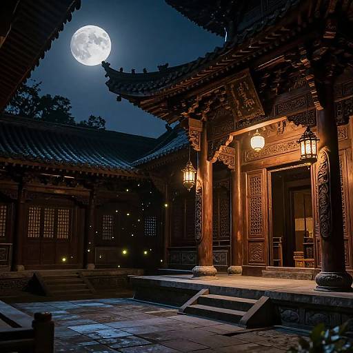Photograph of a traditional Asian temple at night, illuminated by lanterns, with a bright full moon in a dark blue sky.