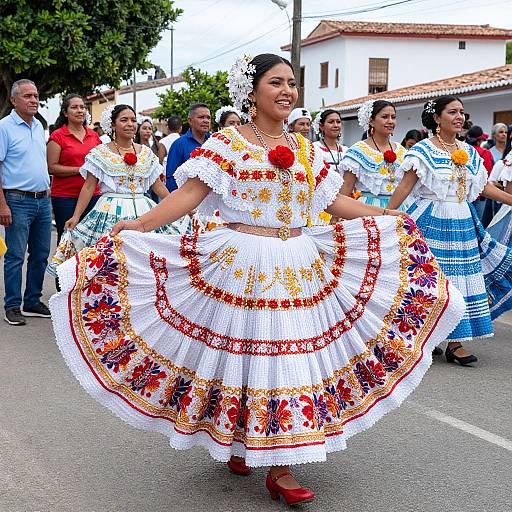 Photograph of a joyful Mexican woman in a colorful embroidered white traditional dress, red shoes, and flower hairpiece, dancing in a street festival with smiling