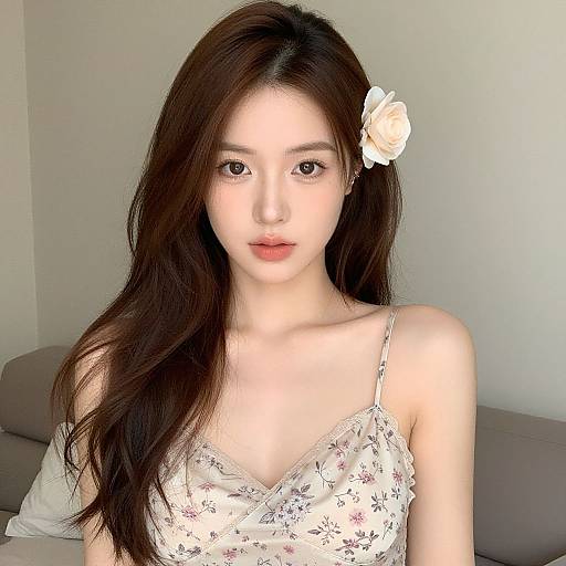 Photograph of an Asian woman with long, dark brown hair, wearing a white floral lace camisole, and a white rose hairpin, seated