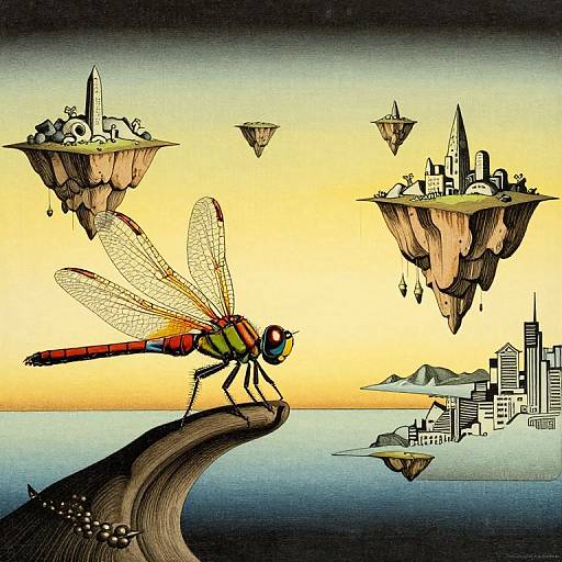 Illustration of a vibrant, multi-colored dragonfly standing on a curved pier, gazing at floating islands with cityscapes and floating platforms in a