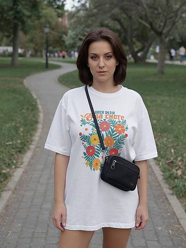 Photograph of a young woman with shoulder-length dark brown hair, wearing a white graphic T-shirt and black crossbody bag, standing on a curved park