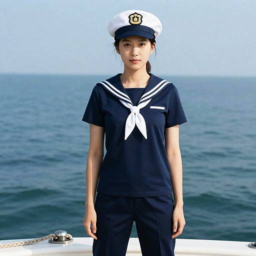 Woman in Navy Costume on Boat