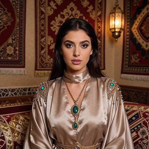 Photograph of a dark-haired woman in a satin robe with turquoise jewelry, standing in an ornate, warmly lit room with patterned rugs and a