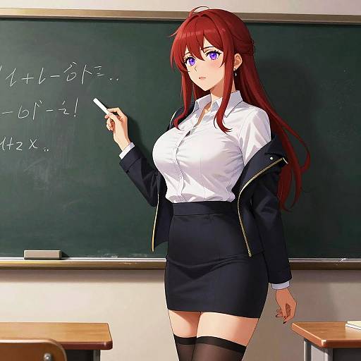 Mature Teacher by Chalkboard, Vibrant Portrait