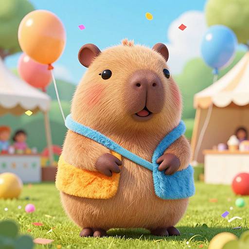CGI image of a cute, chubby, tan hamster wearing a blue and orange towel, standing on grass with colorful balloons and a blurred carnival background