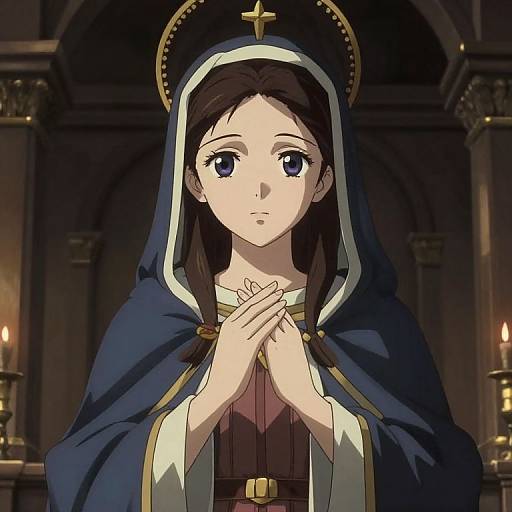 Anime-style digital illustration of a young woman with large blue eyes, wearing a blue and white nun's habit with a golden cross, praying in a dim