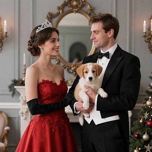 Elegant Couple with Puppy in Festive Setting