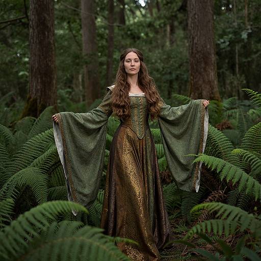 Photograph of a young woman with long brown hair, wearing a green and gold medieval-style dress with wide sleeves, standing in a dense, lush forest