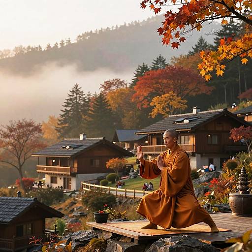 Photograph of a bald, brown-robed Buddhist monk in a serene mountain village, performing a gesture, surrounded by autumn foliage and traditional wooden houses.