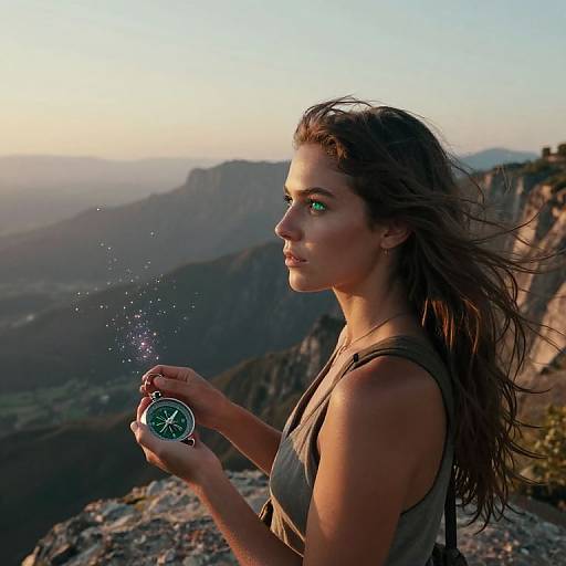 Photograph of a young woman with long brown hair, wearing a sleeveless shirt, holding a glowing compass, standing on a mountain peak at sunset,