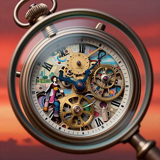 Photograph of a vintage pocket watch with intricate gears, colorful cityscape and characters inside, set against a vibrant red-orange sunset sky.