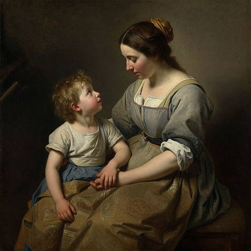 Baroque-style oil painting of a fair-skinned woman in a blue-grey dress, gently looking at a young boy with curly blonde hair, both seated