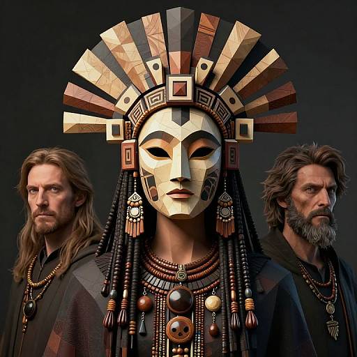 Photorealistic digital artwork of a Native American woman with a gold and wooden headdress, adorned in intricate jewelry, flanked by two bearded men