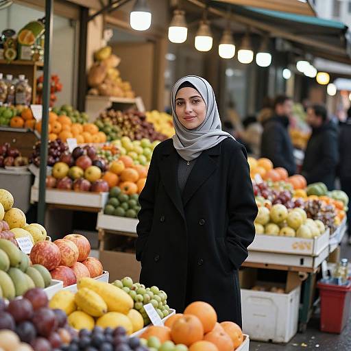 Photograph of a woman in a black coat and gray hijab standing among colorful fruit stalls in a bustling outdoor market.