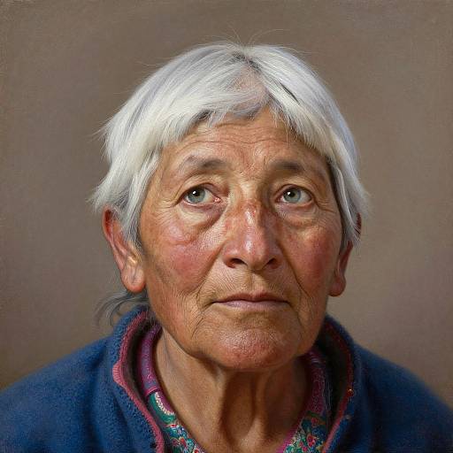 Photograph of an elderly woman with white hair, wrinkled face, blue eyes, wearing a dark blue fleece with a colorful collar, against a beige