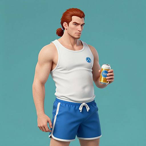 Digital CGI of a muscular, red-haired man with a ponytail, wearing a white tank top and blue shorts, holding a beer can against a teal