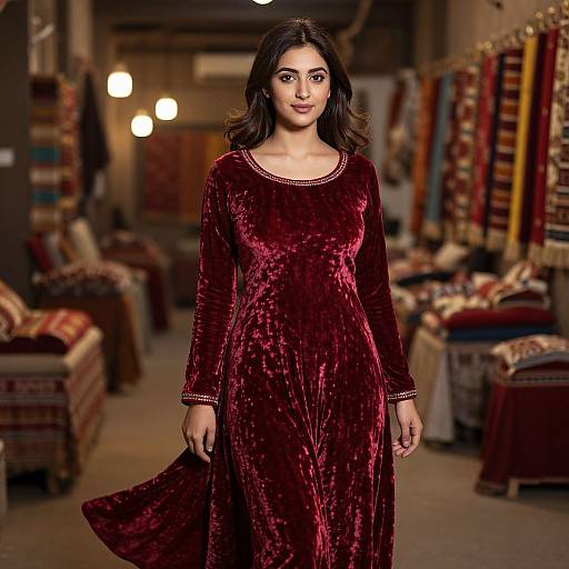 Elegant Woman in Crimson Velvet Salwar