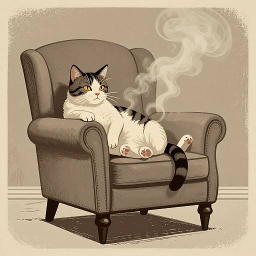 Digital drawing of a relaxed, white and black cat with yellow eyes, lounging on a gray, upholstered armchair, exhaling a plume