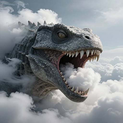 Digital art of a menacing, gray, dragon-like creature with sharp teeth, yellow eyes, and textured scales emerging from fluffy white clouds against a bright blue