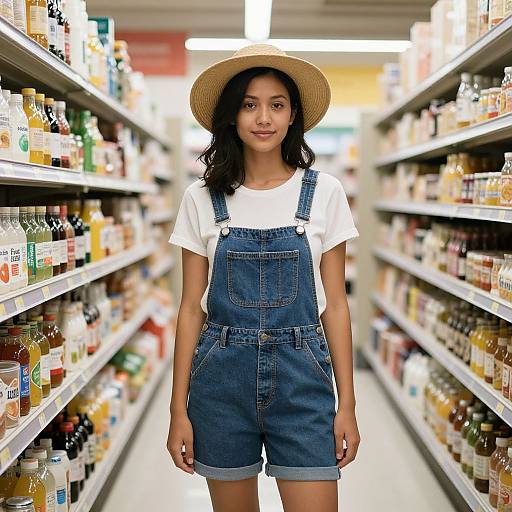 Woman in Overalls at Grocery Store