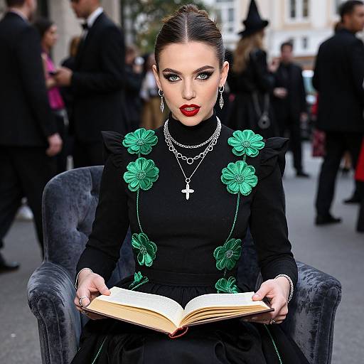 Photograph of a gothic woman with dark hair, red lipstick, black dress with green clover embellishments, reading a book in an urban street