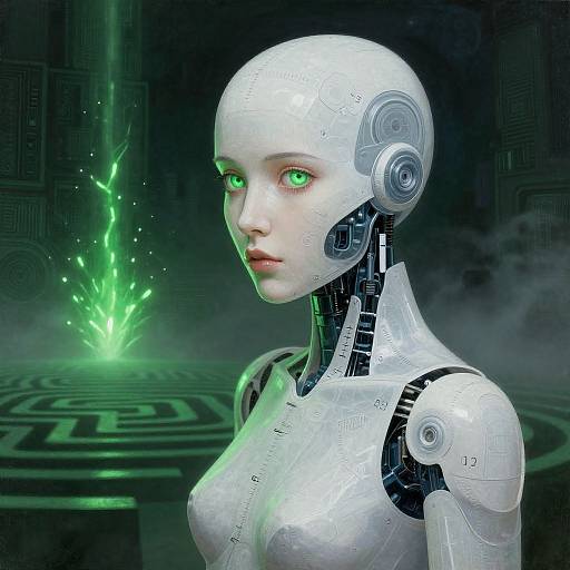 CGI image of a white, female android with glowing green eyes, mechanical joints, and a sleek, metallic body, standing in a dark, futuristic